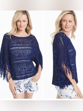 White House Black Market Navy Open-Knit Fringe Pullover